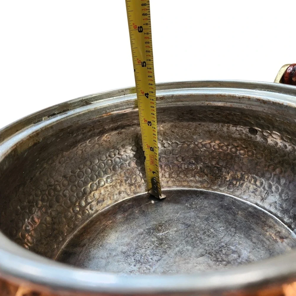 Vintage French Hammered Copper Stock Pot Tin Brass Handles Decorative **NO Lid**